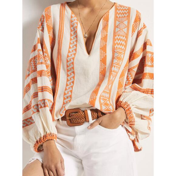 Devotion TWINS Antipsara Puff Sleeve Orange White Stripe Oversized Blouse Xsmall - Picture 2 of 7